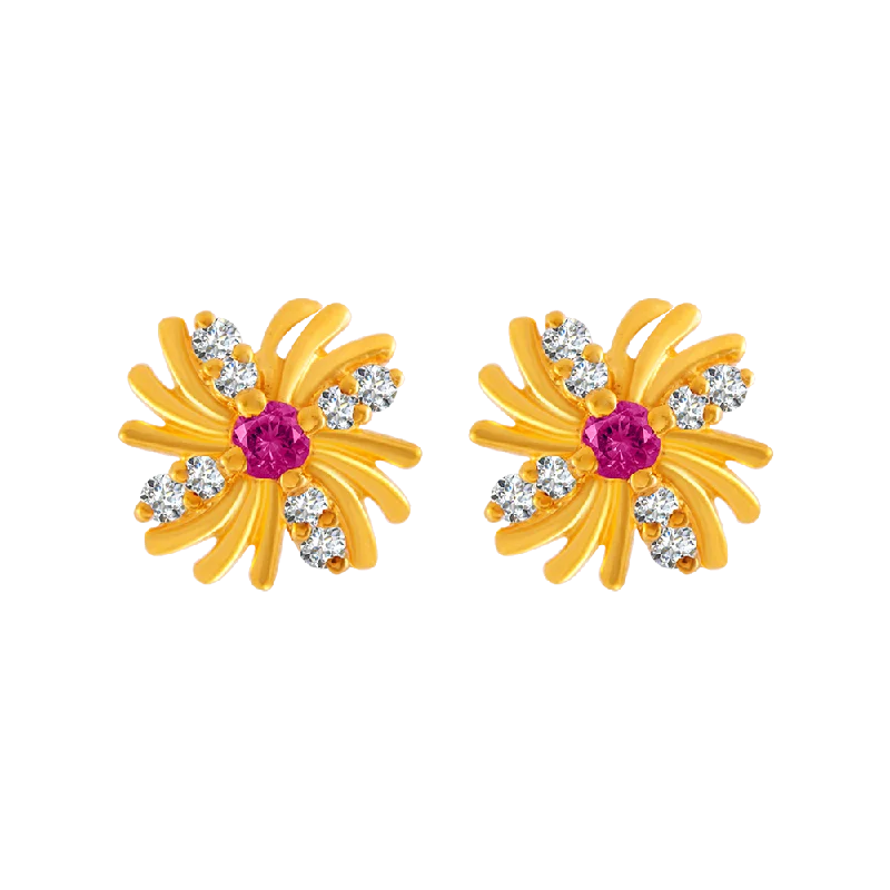 Floral Stud Earrings with Petals -22KT Yellow Gold And American Diamond Stud Earrings For Women