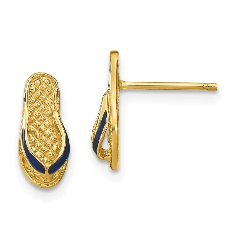 Stud Earrings for Festival Style -Diamond2Deal 14K Yellow Gold Blue Enamel Single Flip-Flop Stud Earrings (L- 11.8 mm)