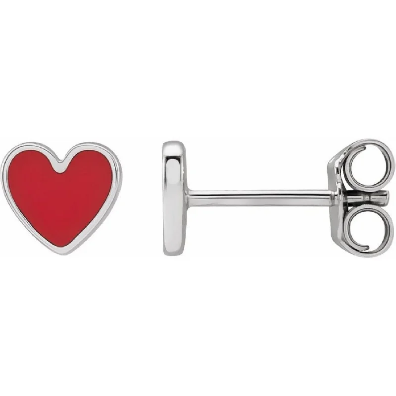 African Stud Earrings with Culture -Curata 14k White Gold Polished Red Enameled Heart Stud Earrings - 5.88x5.48mm