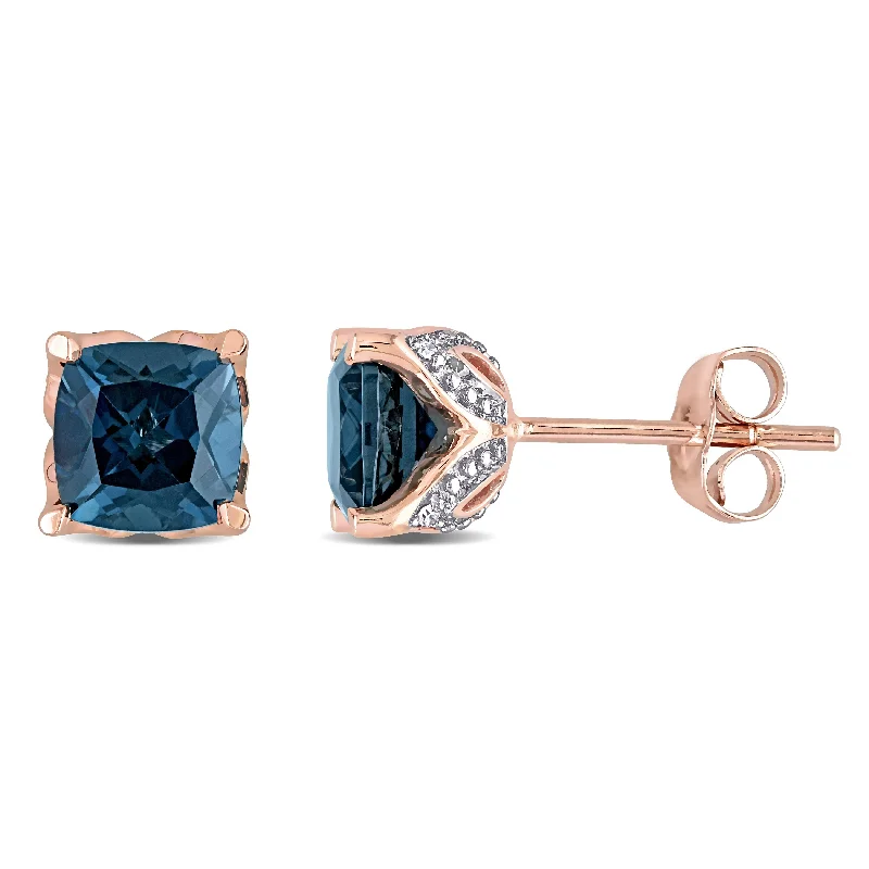 Round Stud Earrings for Classic -Miadora 10k Rose Gold Cushion London-Blue Topaz and Diamond Accent Solitaire Stud Earrings - 6.7 mm x 6.7 mm x 6.1 mm