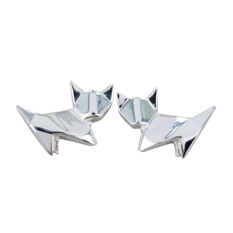 Stud Earrings with Etching -Sterling Silver Origami Cat Stud Earrings