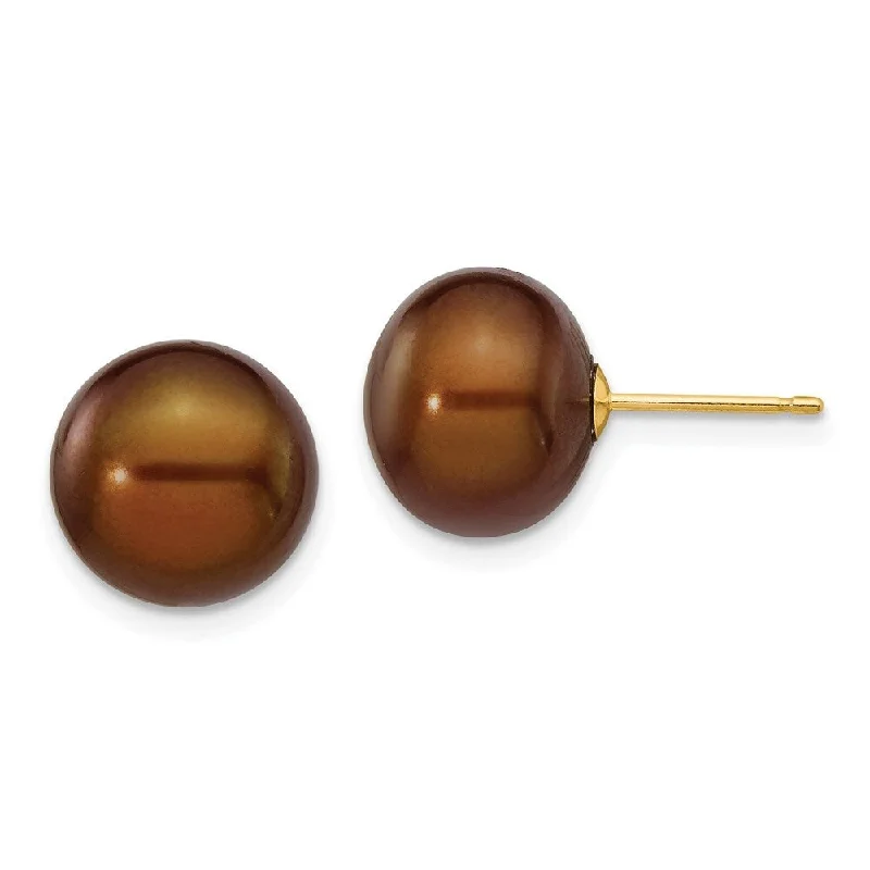 Stud Earrings for Shopping Trip -14k Yellow Gold Coffee Button Cultured Pearl Stud Earrings (L-10 mm, W-11 mm)