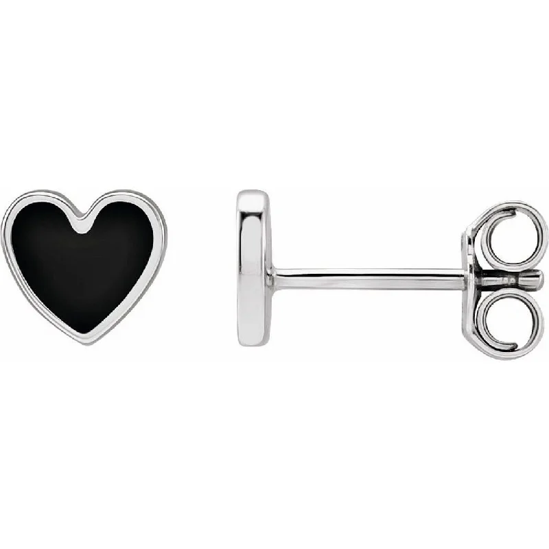 Stud Earrings with Keyhole Designs -Curata 14k White Gold Polished Black Enameled Heart Stud Earrings - 5.88x5.48mm