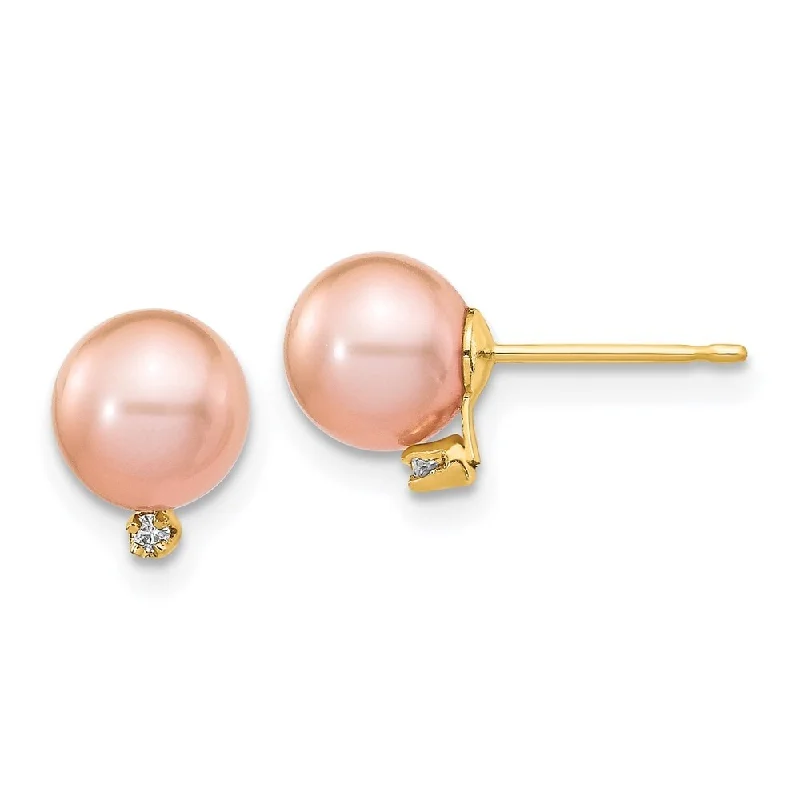 Stud Earrings with Leaf Motifs -14k Yellow Gold Round Pink Cultured Pearl Diamond Stud Earrings (L-5 mm, W-6 mm)