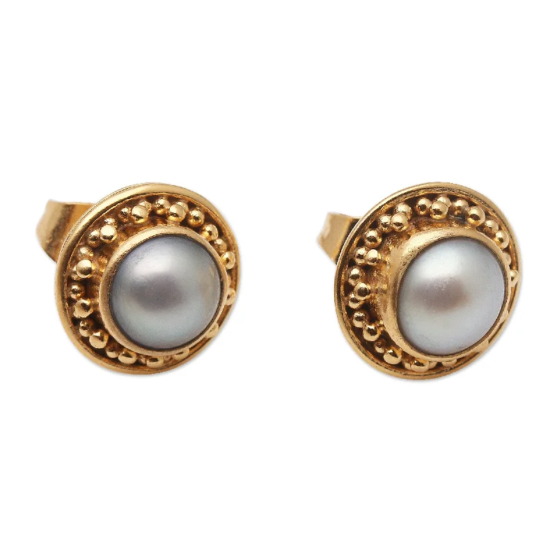 Stud Earrings for Wellness Routine -Novica Handmade Wake Me Up Gold-Plated Cultured Pearl Stud Earrings