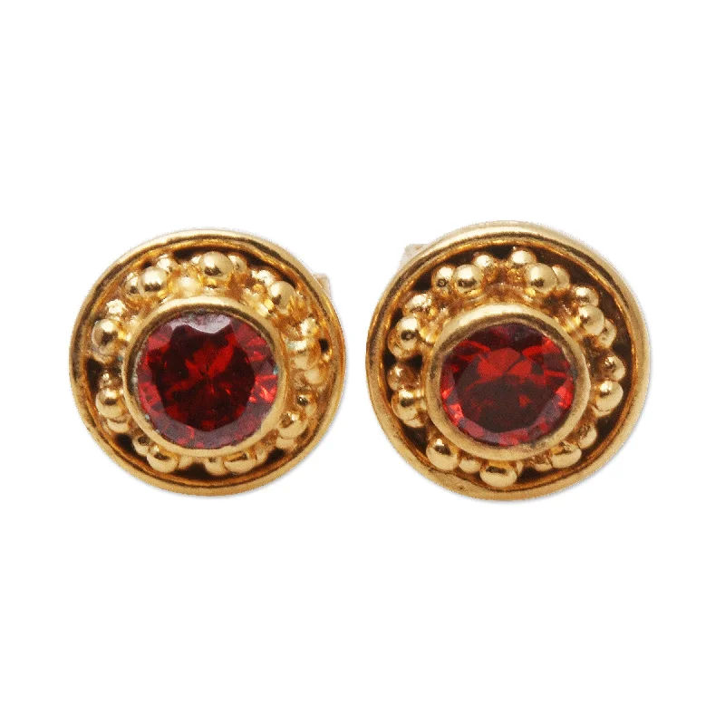 Stud Earrings with Abstract Designs -Novica Handmade Balinese Offering Gold-Plated Garnet Stud Earrings