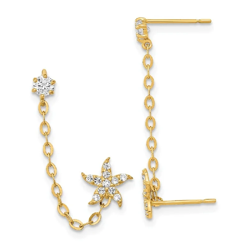 Stud Earrings with Chevron Designs -14k Yellow Gold Cubic Zirconia Double Chain Starfish Stud Earrings (L-6.95 mm, W-7.02 mm)