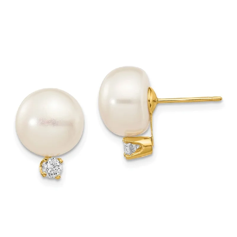 Stud Earrings for Evening Gown -14k Yellow Gold White Button Pearl and Diamond Stud Earrings (L-15 mm, W-10 mm)