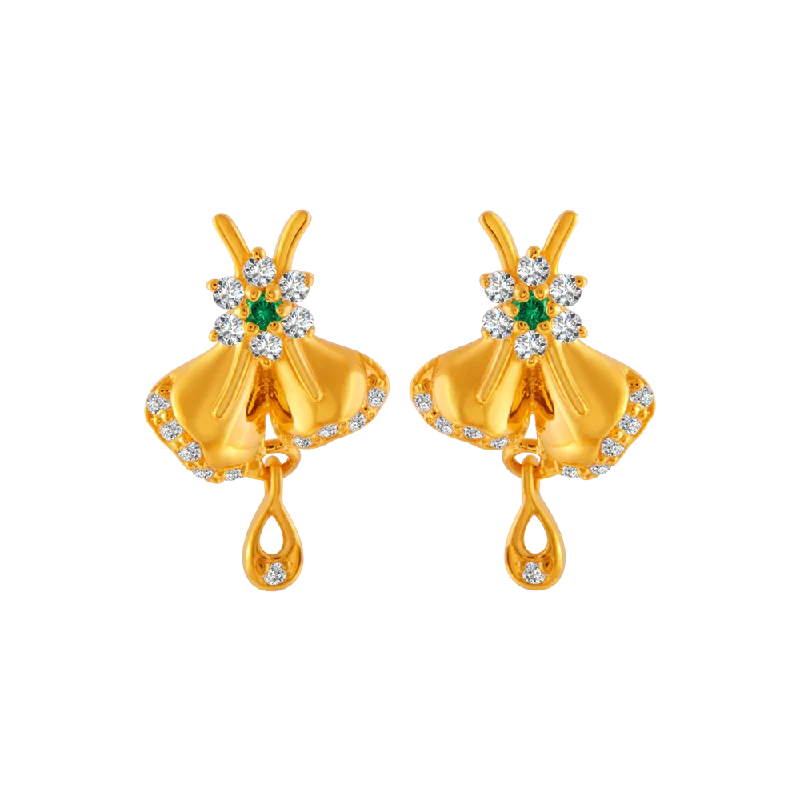 Stud Earrings with Leaf Motifs -22KT Yellow Gold And American Diamond Stud Earrings For Women