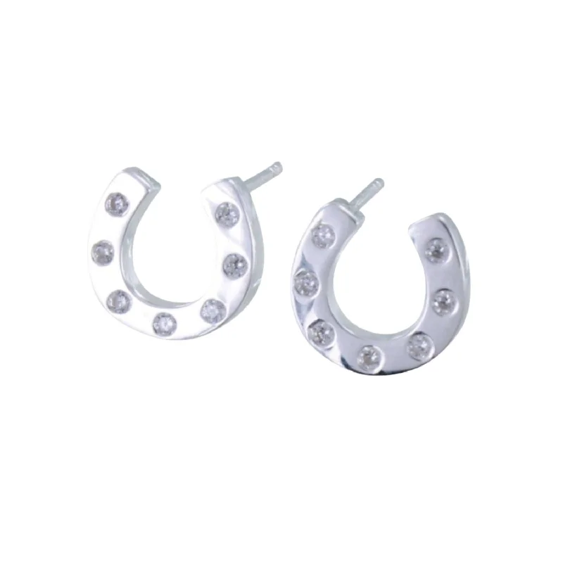 Stud Earrings with Hammered Finish -Sterling Silver Pavé Horseshoe Stud Earrings