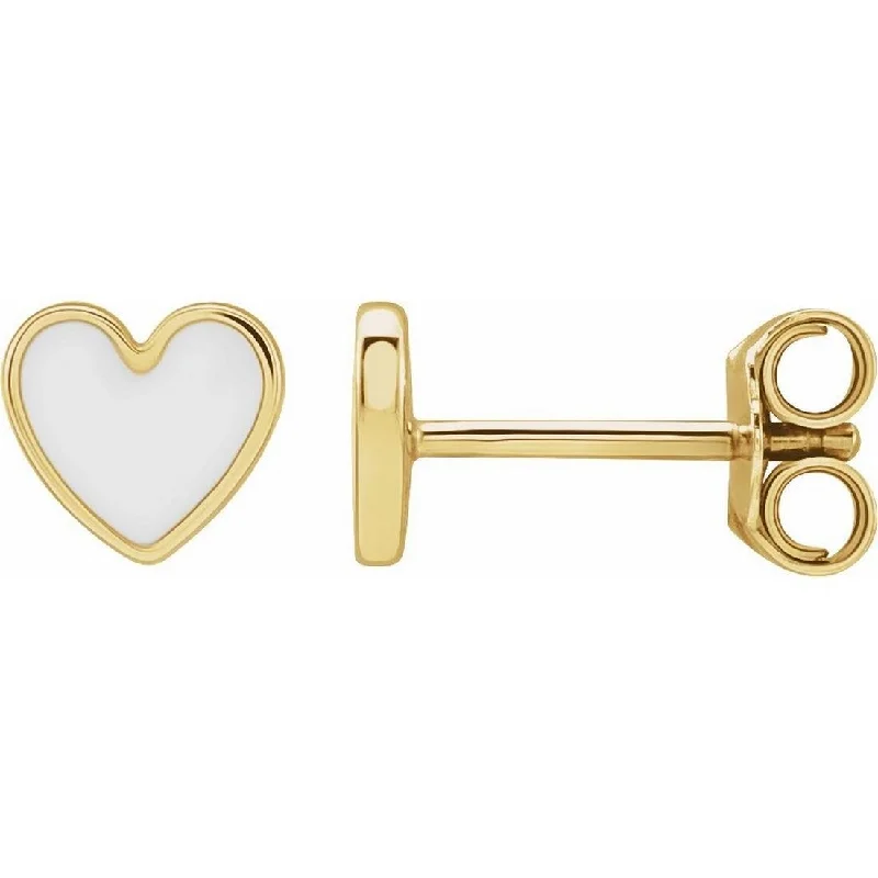 Stud Earrings with Symbolic Elements -Curata 14k Yellow Gold Polished White Enameled Friction Back Love Heart Stud Earrings - 5.88x5.48mm