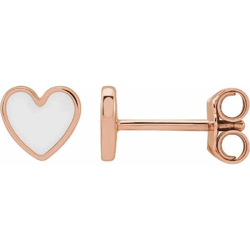 Detachable Stud Earrings with Charms -Curata 14k Rose Gold Polished White Enameled Friction Back Love Heart Stud Earrings - 5.88x5.48mm