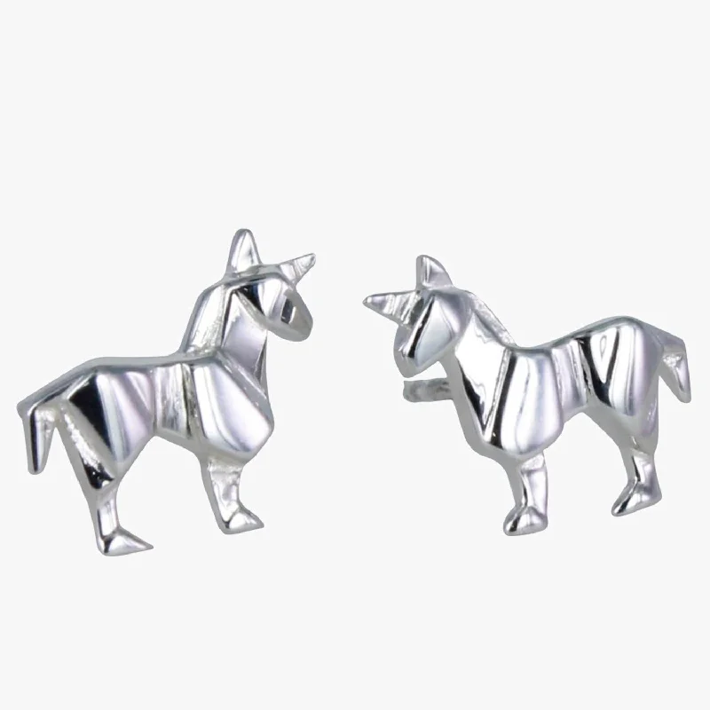 Stud Earrings for Formal Attire -Sterling Silver Origami Unicorn Stud Earrings