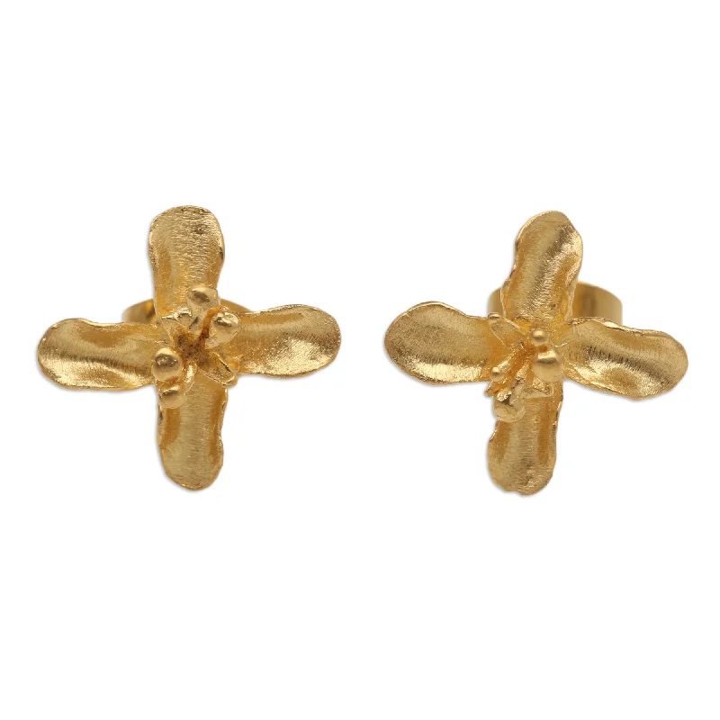 Vintage Stud Earrings with Patina -Novica Handmade Agapanthus Flower Gold-Plated Stud Earrings