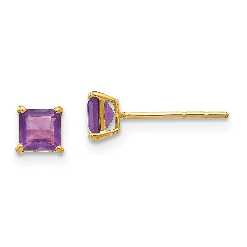 Stud Earrings with Debossed Designs -14k Yellow Gold Gemstone Square Stud Earrings (L-4 mm, W-4 mm)