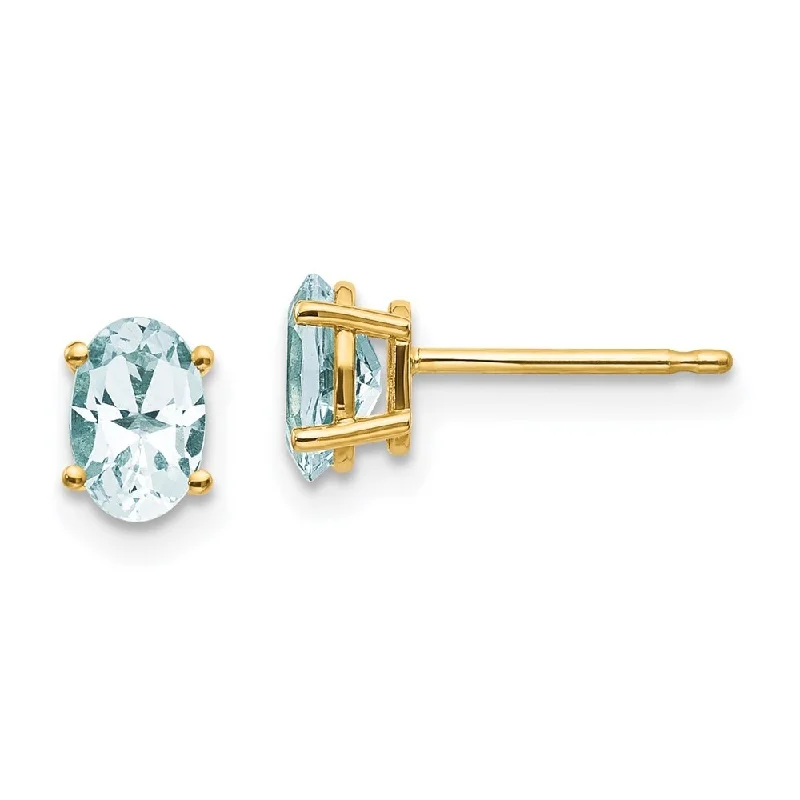 Stud Earrings with Crown Designs -14k Yellow Gold Oval Aquamarine Stud Earrings (L-6 mm, W-4 mm)