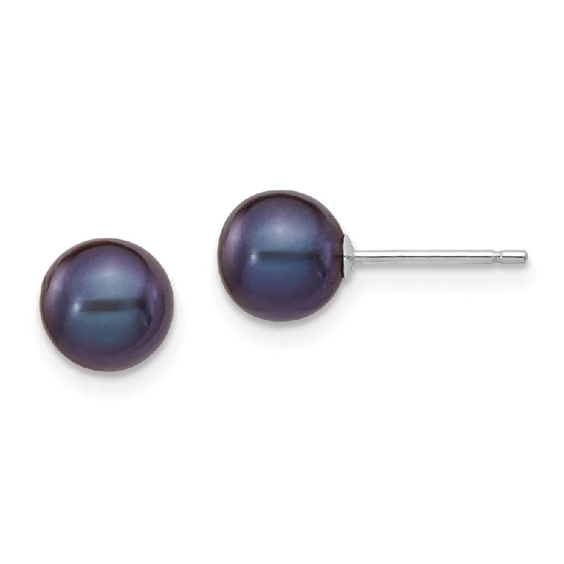 Lightweight Stud Earrings for All Day -14k White Gold Black Round Cultured Pearl Stud Earrings (L-6 mm, W-7 mm)