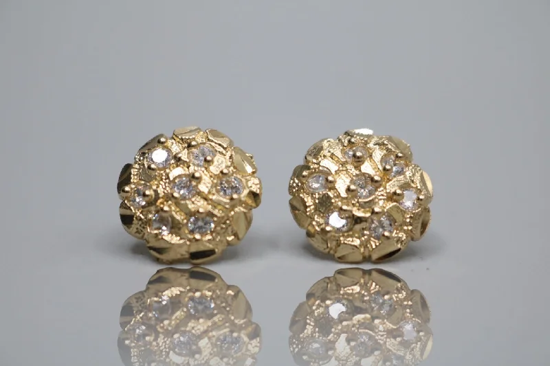 Hypoallergenic Stud Earrings for Sensitive -10K Yellow Gold Round Nugget Stud Earrings W/ Cubic Zirconia (2.5 Grams)