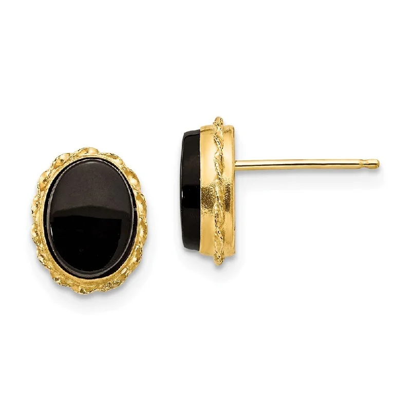 Stud Earrings for School Uniform -14k Yellow Gold Bezel Onyx Stud Earrings (L-10 mm, W-7 mm)