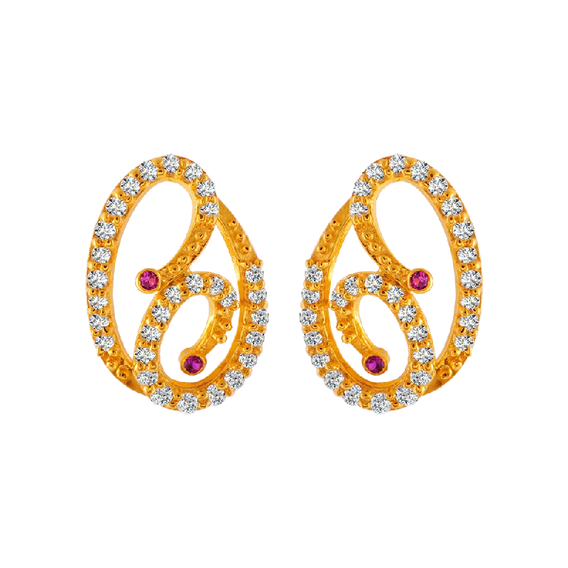 Stud Earrings with Chevron Designs -22KT Yellow Gold And American Diamond Stud Earrings For Women