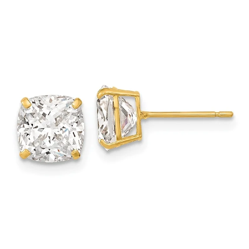 Stud Earrings with Etching -14k Yellow Gold 7x7 Cushion Cut CZ Studs Stud Earrings (L-7 mm, W-7 mm)