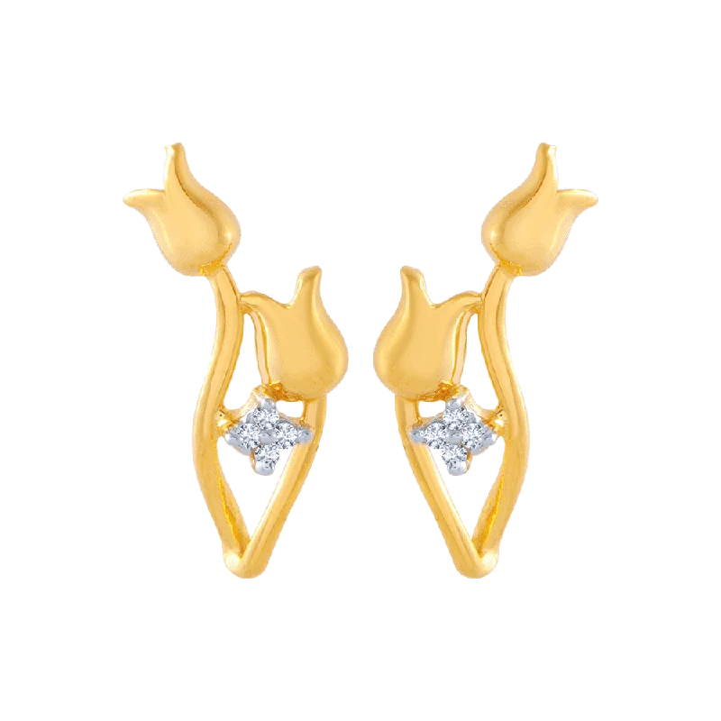 Stud Earrings with Etching -14KT (585) Yellow Gold And American Diamond Stud Earrings For Women