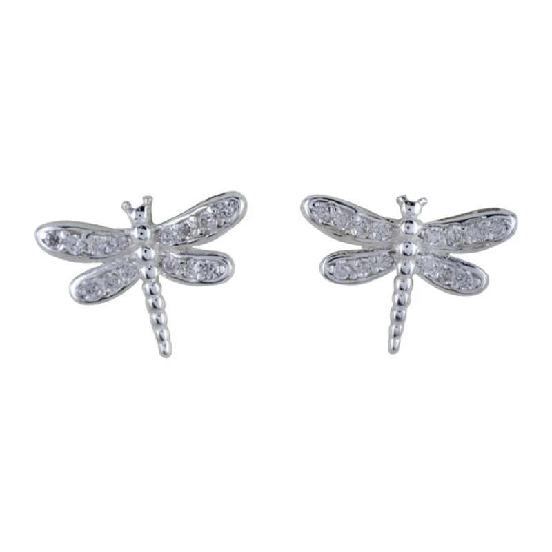 Stud Earrings with Rhinestones -Sterling Silver Pavé Dragonfly Stud Earrings