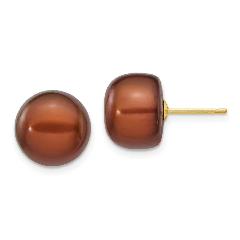 Stud Earrings with Textured Surface -14k Yellow Gold Coffee Button Cultured Pearl Stud Earrings (L-11 mm, W-12 mm)