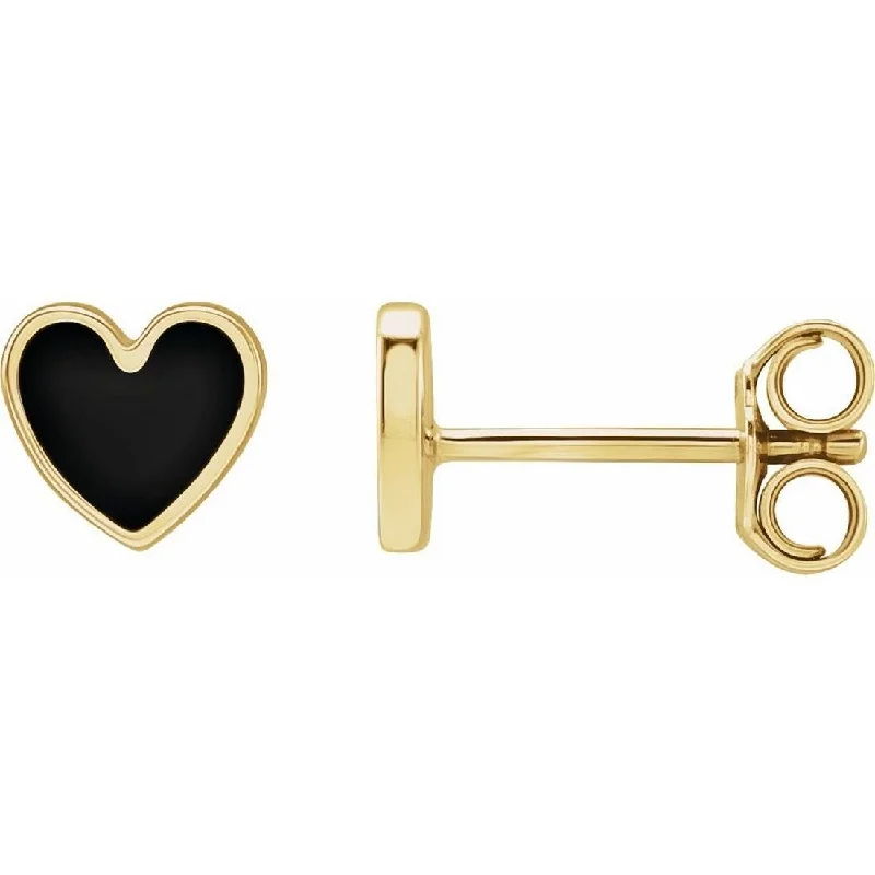 Indian Stud Earrings with Intricacy -Curata 14k Yellow Gold Polished Black Enameled Friction Back Love Heart Stud Earrings - 5.88x5.48mm