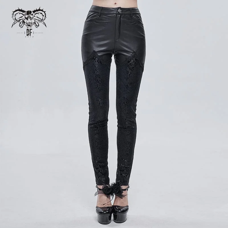 Logo Printed T-Shirts for Branding -Women's Gothic Lace Splice Faux Leather Leggings