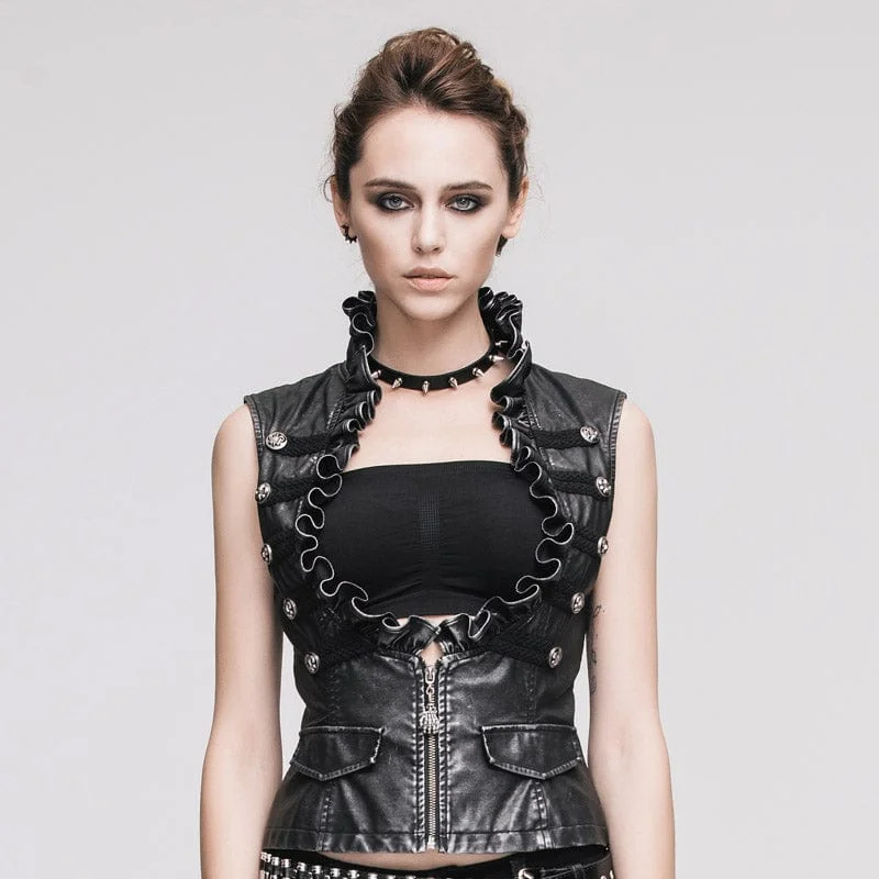 Wedding T-Shirts for Casual Ceremony -Women's Punk Faux Leather Waistcoat With Leather Frills