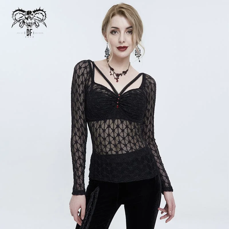 Abstract T-Shirts for Creative Look -Women's Punk Beaded Sheer Mesh Shirt