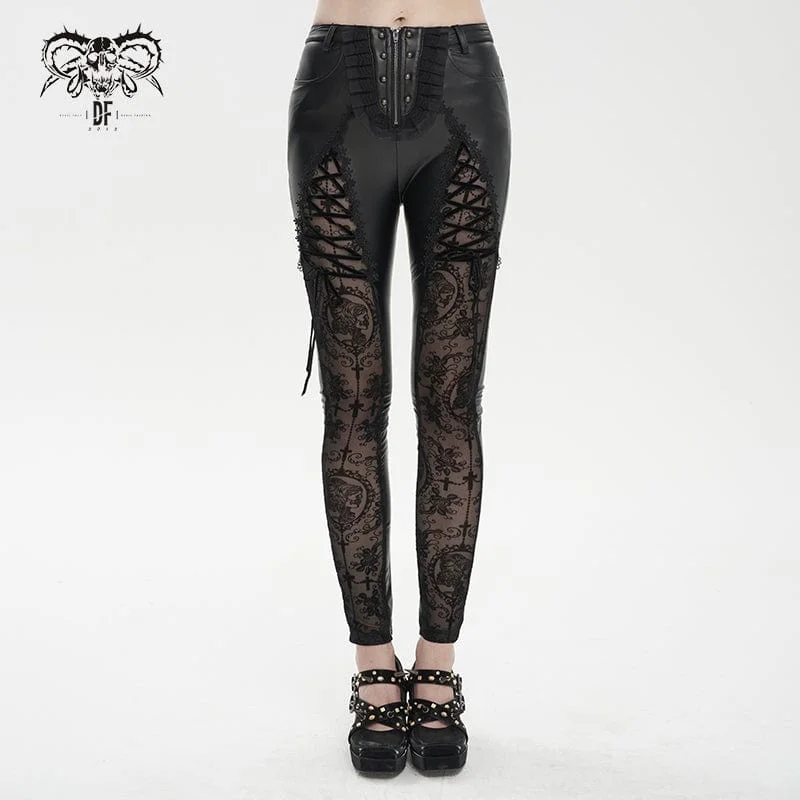 Long Sleeve T-Shirts for Extra Coverage -Women's Gothic Lace Splice Faux Leather Leggings