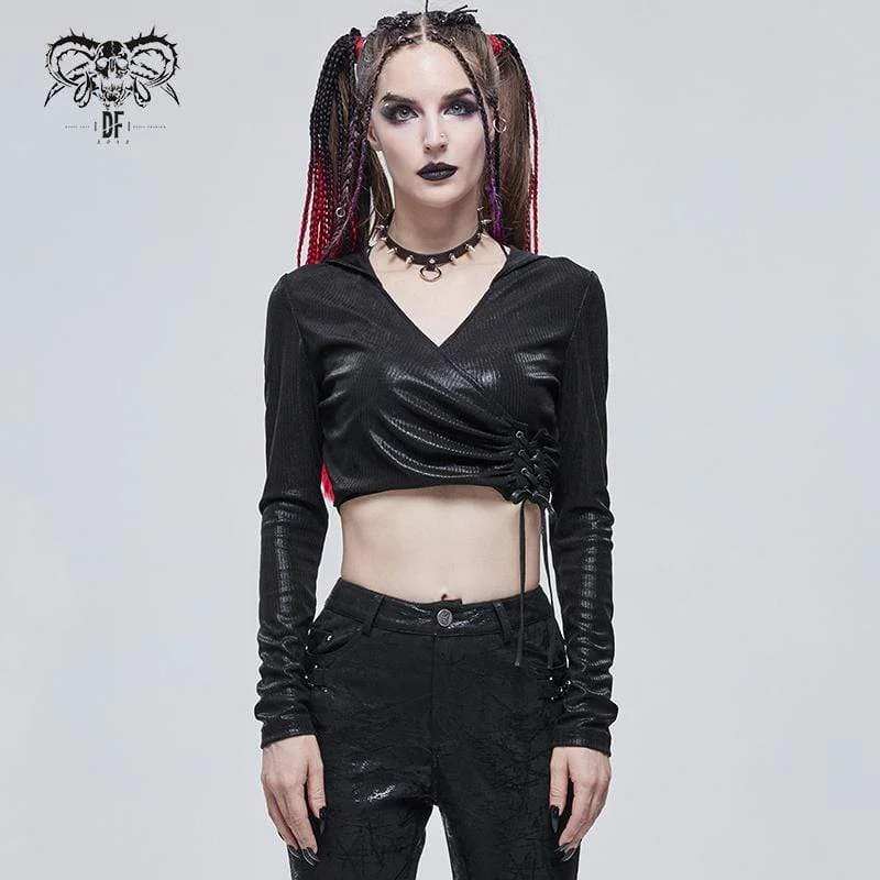 Black T-Shirts for Versatile Use -Women's Gothic Plunging Drawstring Crop Top with Hood