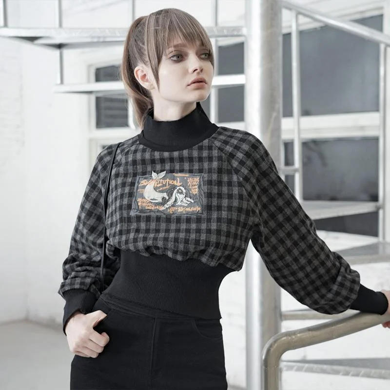 Custom T-Shirts for Personalized -Women's Gothic High Collar Plaid Short Sweatshirts