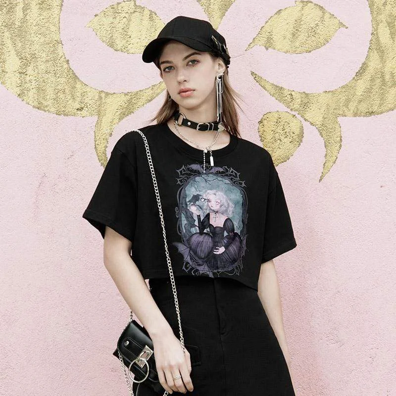 Weekend T-Shirts for Leisure -Women's Pastel Goth Princess Printed Tees Short Sleeved Crop Tops