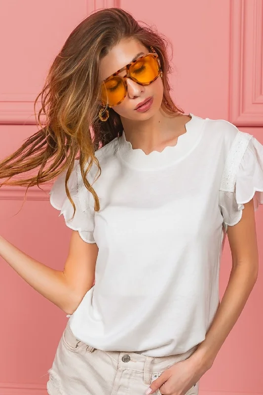 Casual T-Shirts for Everyday Wear -BiBi Scallop Edged Lace Trim Top