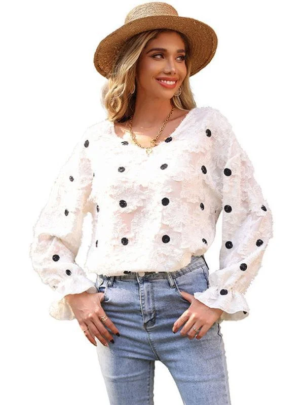 Linen T-Shirts for Breathable Quality -Polka Dot V Neck Women Top