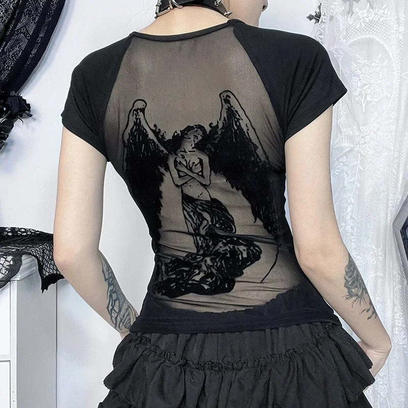 Book T-Shirts for Literature Fans -Women's Punk Angel Flocking Mesh Splice T-shirt