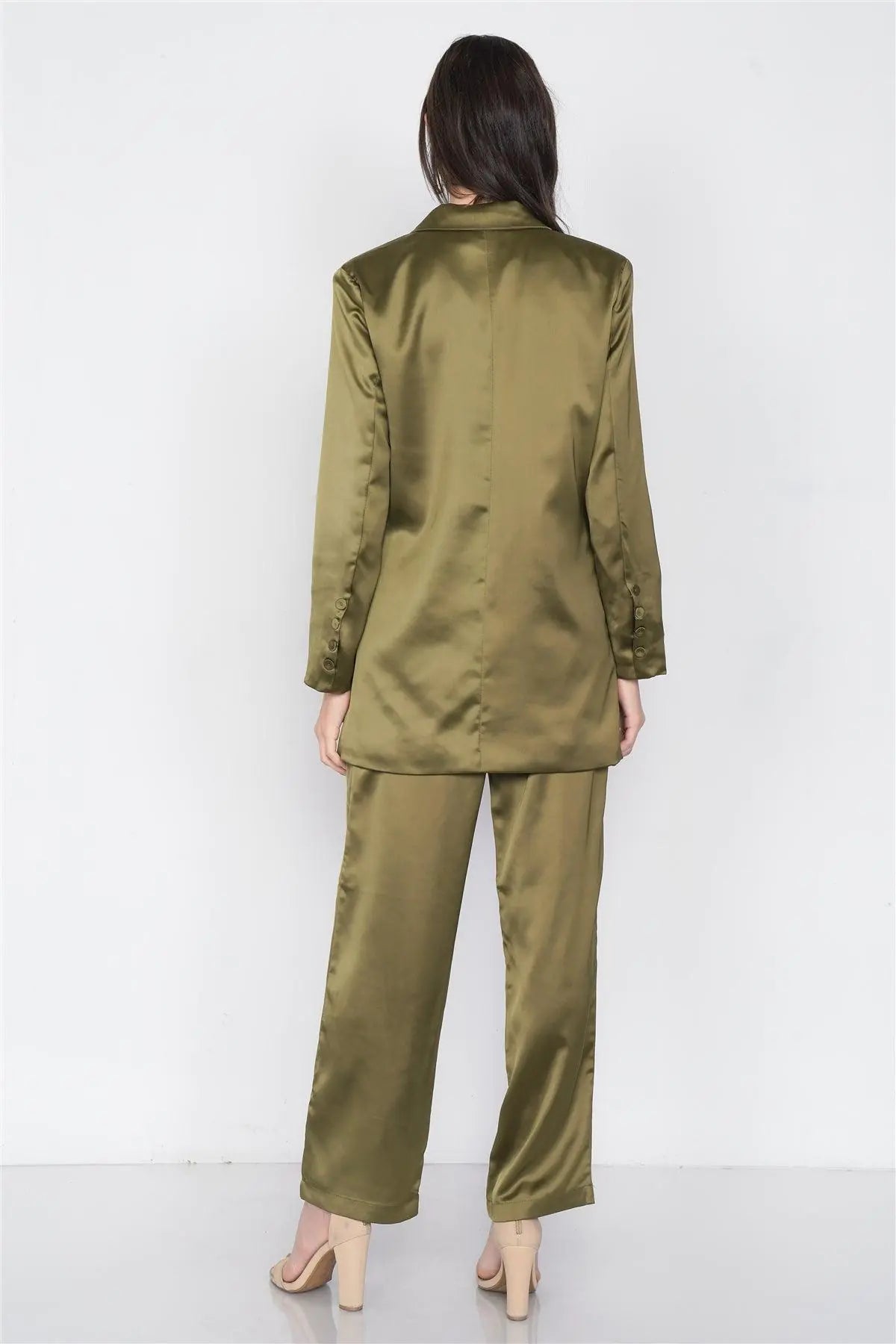 Game T-Shirts for Video Game Fans -Olive Silk Boyfriend Blazer & Chic High-Waist Pleated Ankle Pant Set