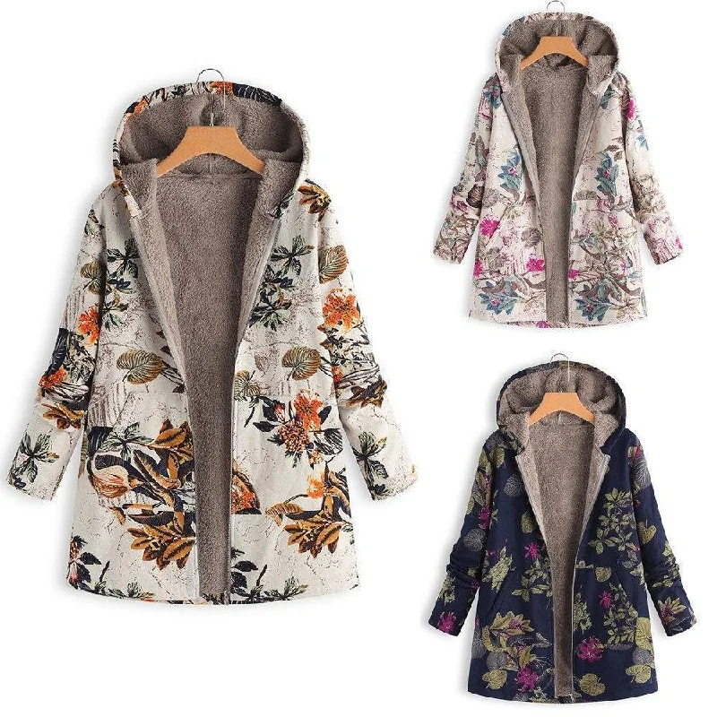 Sports T-Shirts for Athletic Activities -Winter Coat, Floral, Loose Plus Size Coat