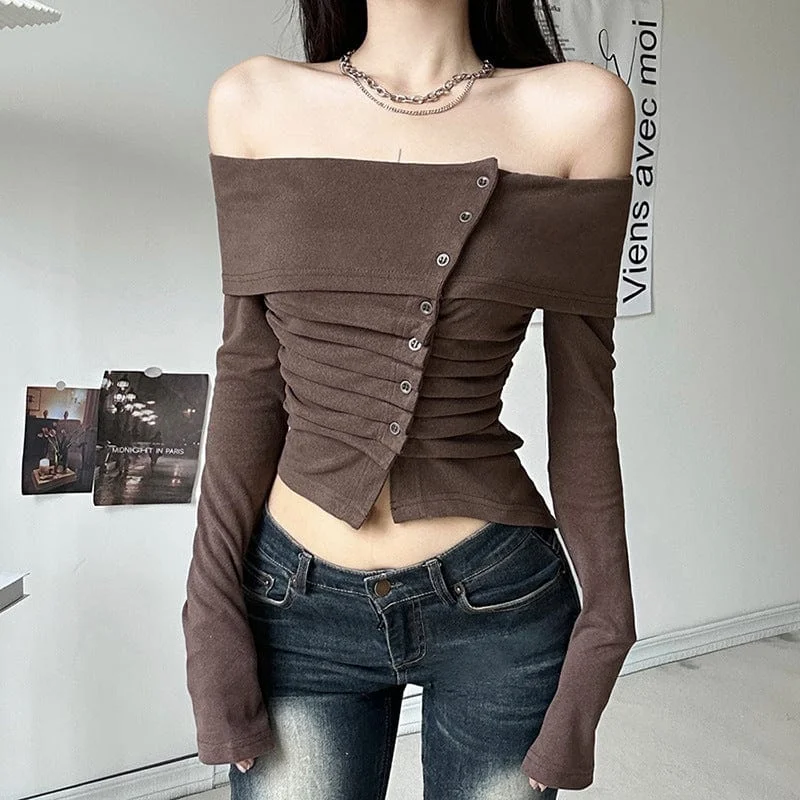 Beige T-Shirts for Neutral Look -Women's Grunge Ruffled Off Shoulder Long Sleeved Crop Top