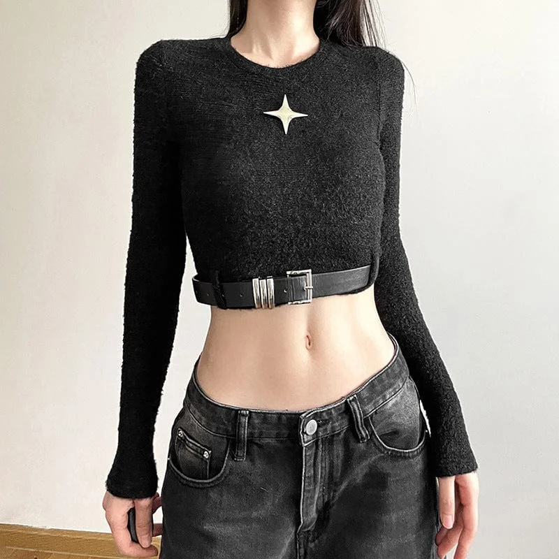 Fan T-Shirts for Supportive -Women's Grunge Crew Neck Long Sleeved Crop Top with Belt