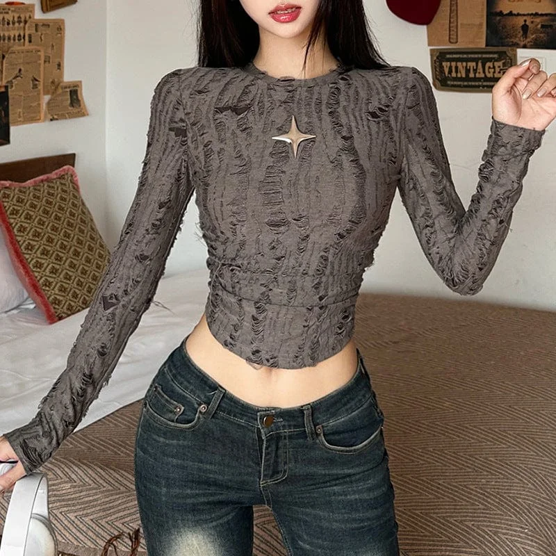 Hiking T-Shirts for Trail Walks -Women's Grunge Slim-fitted Long Sleeved Crop Top