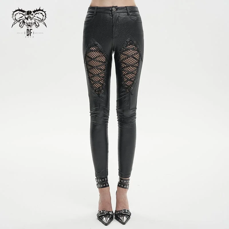 Loose T-Shirts for Relaxed Style -Women's Gothic Mesh Splice Faux Leather Leggings