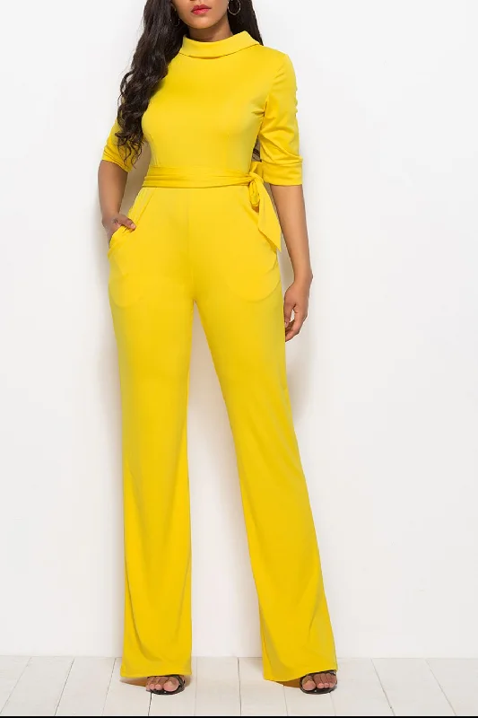 Travel T-Shirts for On-the-go -Mock Neck Tie-Waist Half Sleeve Jumpsuit