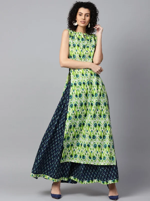 Green Dresses for Nature -NOZ2TOZ Green Sleeveless Cotton Straight Kurta With Blue Printed Skirt