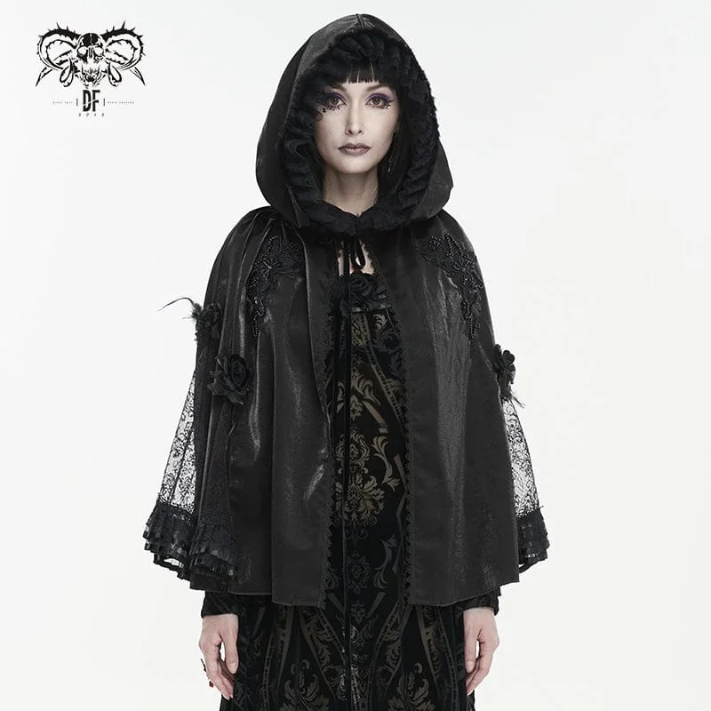 Golf T-Shirts for Outdoor Game -Women's Gothic Floral Embroidered Ruffled Cloak Black