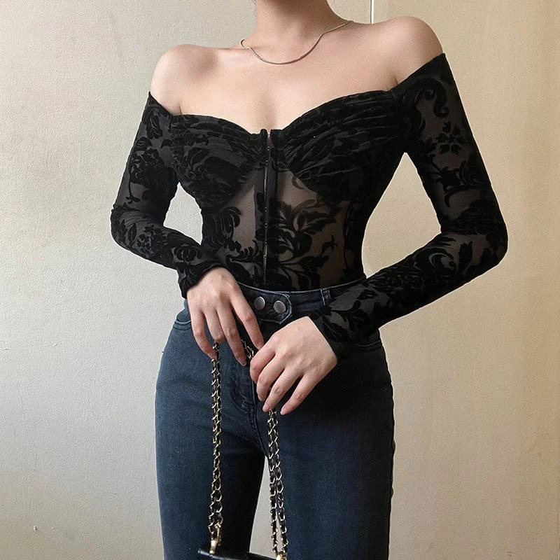 Father's Day T-Shirts for Present -Women's Gothic Off Shoulder Flocking Lace Bodysuit