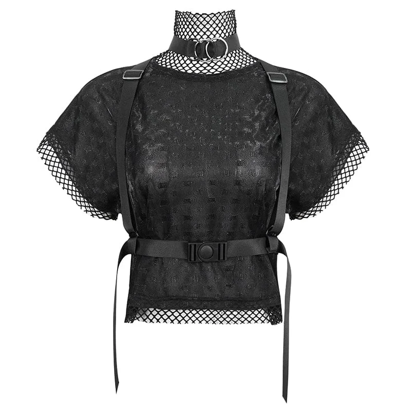 Abstract T-Shirts for Creative Look -Women's Gothic Mesh Splice Shirt with Buckle Strap